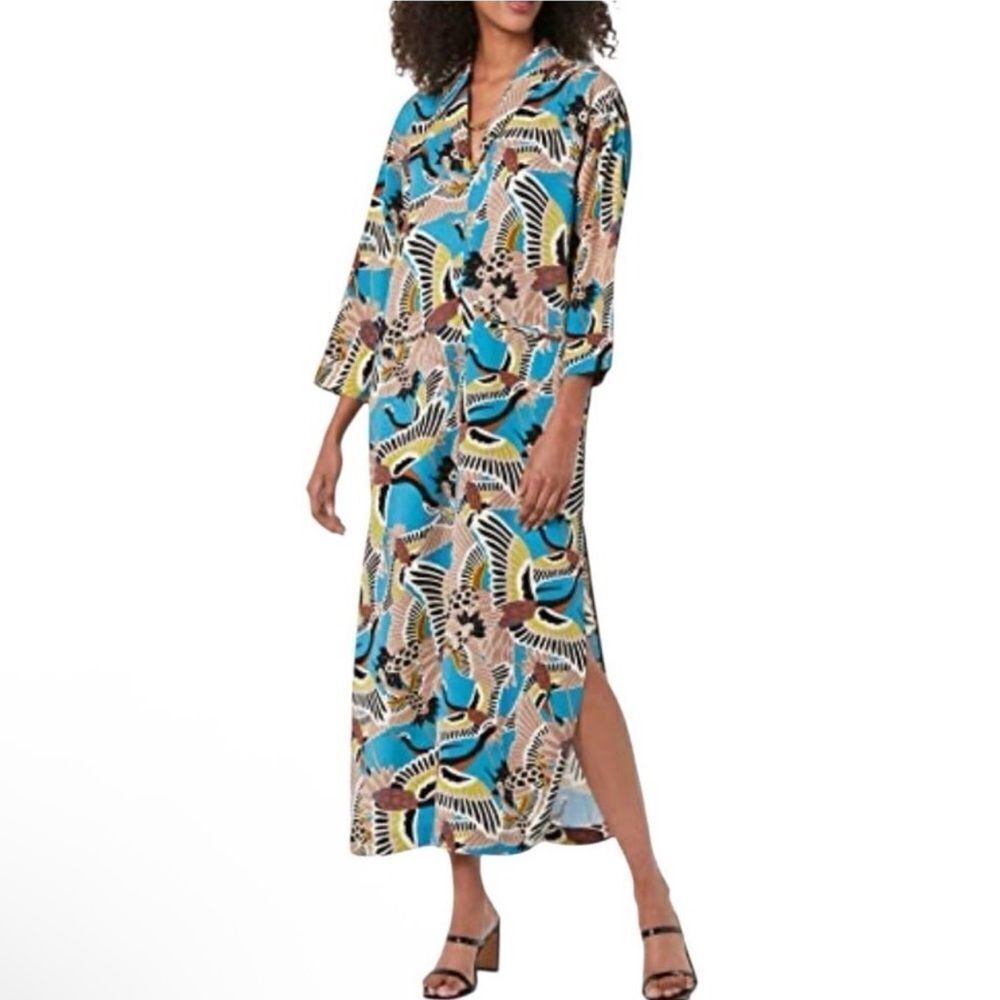 TEREA Andrea Pitter Enamel Blue Crane Print Shirt Collar Maxi Dress, Sz XL. NWT!